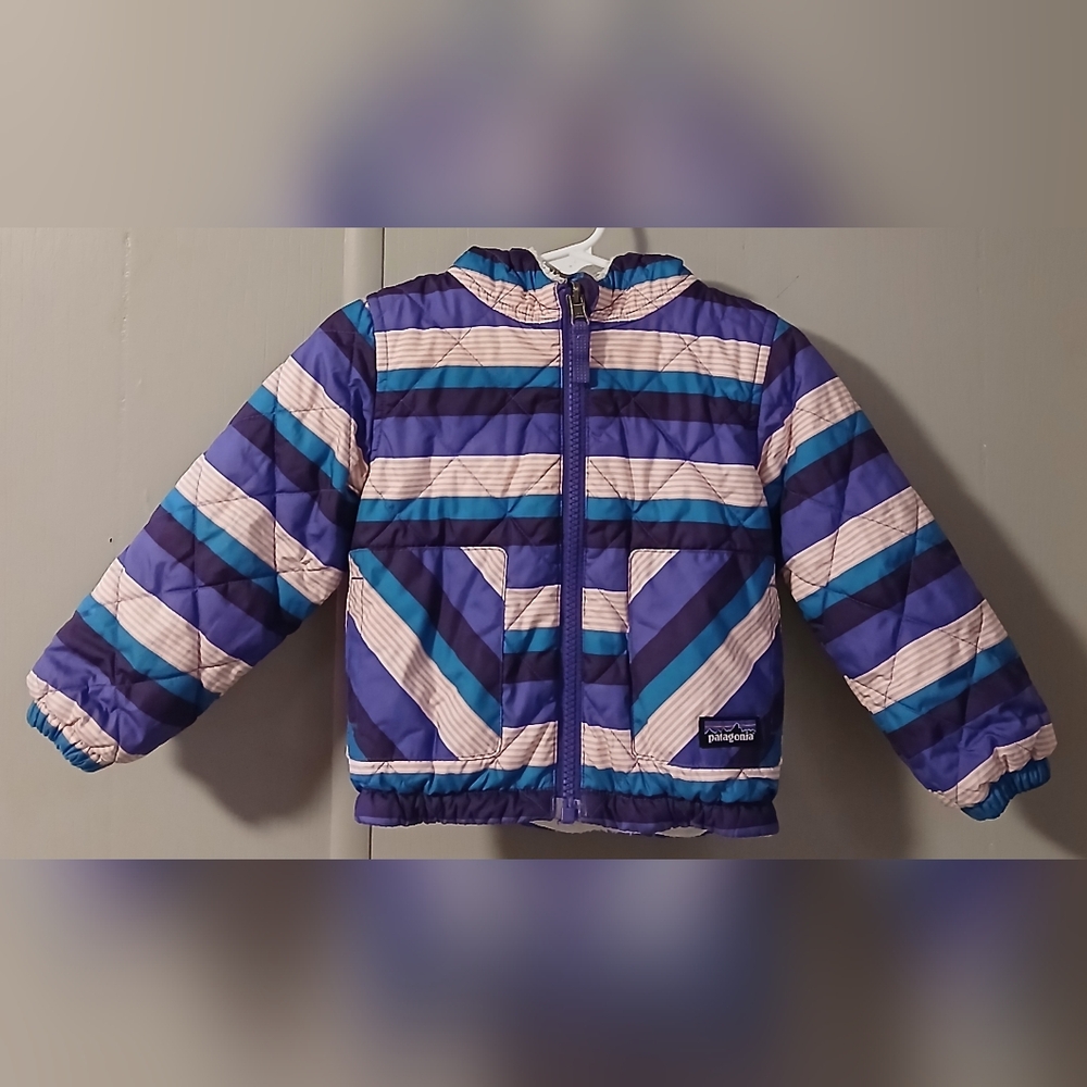 Patagonia Kids Puffer Jacket in Purple, Blue, White Stripes